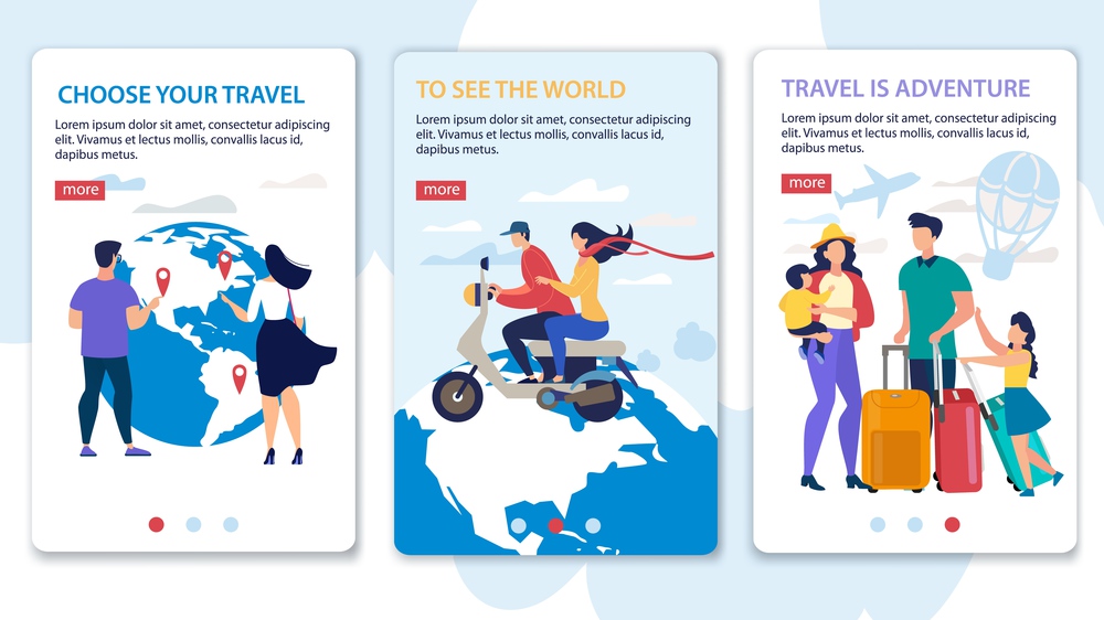 Travel Agency Tours, Airline Tickers, Hotel Booking Service Trendy Flat Vector Vertical Slide Web Banners, Landing Pages Set. Female, Male Tourists, Parents with Kids Traveling Together Illustration