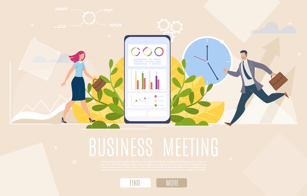 Planning Business Meeting, Companies Partnership and Cooperation Online Service Flat Vector Web Banner, Landing Page. Hurrying Businesspeople, Stock Exchange Data on Cellphone Screen Illustration