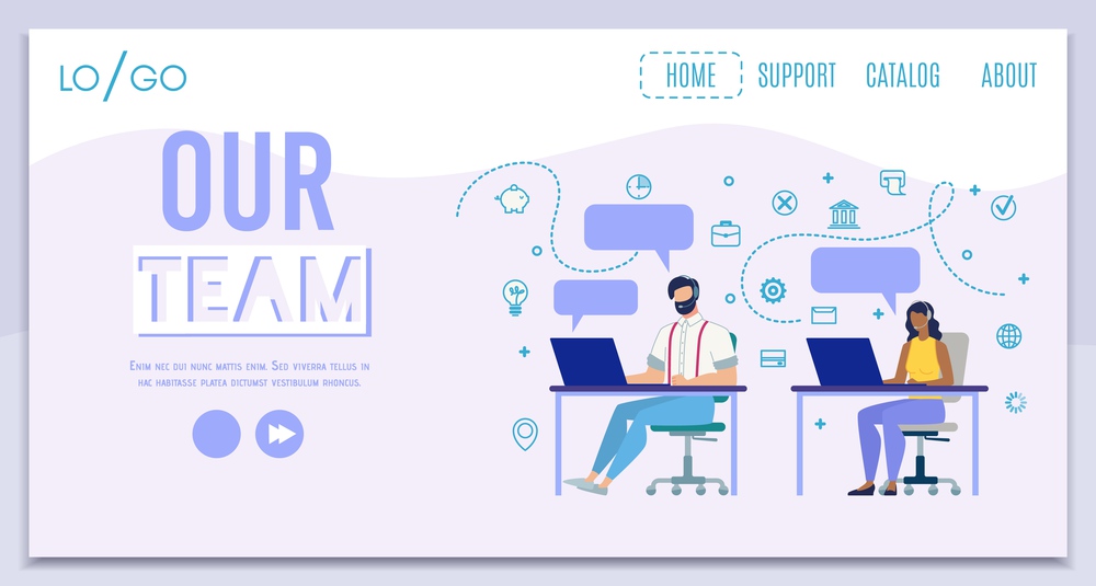 Business Startup Teamwork, Company Customers Support Service, Hot Line for Clients Flat Vector Web Banner, Landing Page Template. Call Canter Operators Communicating with Users Online Illustration