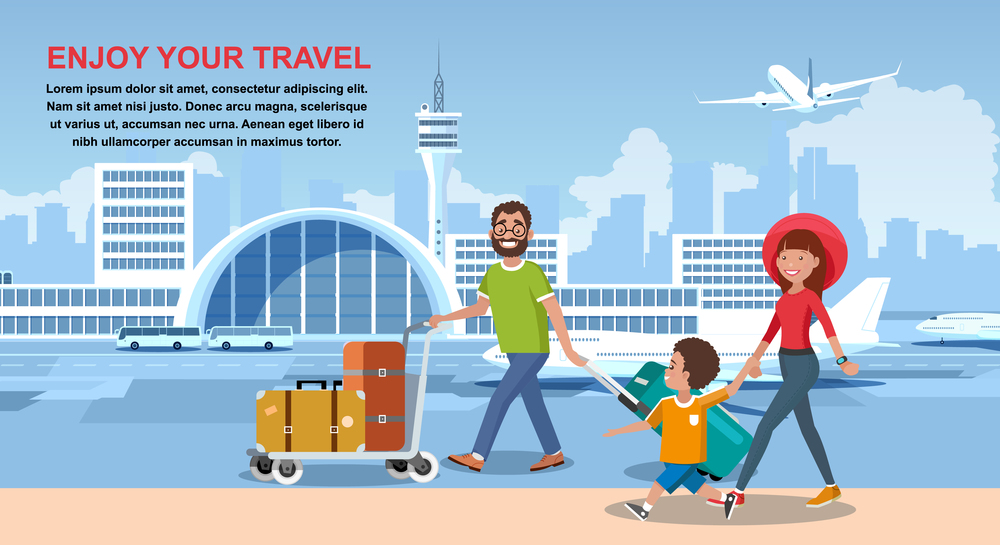 Enjoy Your Travel Cartoon Vector Banner with Happy Smiling Parents Carrying Trolley with Baggage, Walking with Child near City Airport Terminal Illustration. Touristic Travel Agency Advertising Flayer