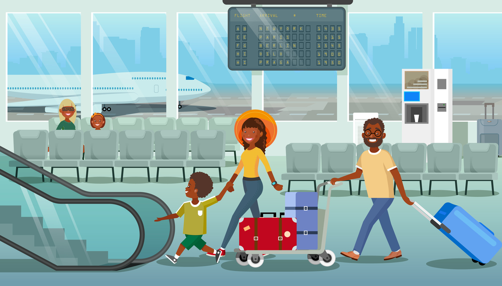 Family Departure or Arrival in Airport Cartoon Vector Concept with African-American Parents with Little Child Carrying Baggage, Walking to Escalator in Airport. Tourists Hurrying to Boarding Airplane