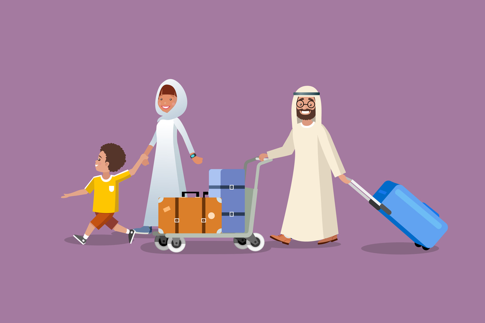 Happy Muslim Family Traveling with Baggage Cartoon Vector. Smiling Parents in Traditional Arabian Ethnic Clothes Walking with Child, Carrying Bags on Trolley Illustration. Saudi Tourists Concept