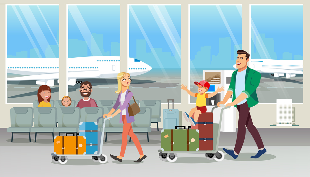 Transporting Large Quantity of Luggage in Airport Cartoon Vector Concept. Happy Father and Mother Walking with Child in Airport Lounge, Carrying Baggage with Cart Illustration. Family Vacation Flight