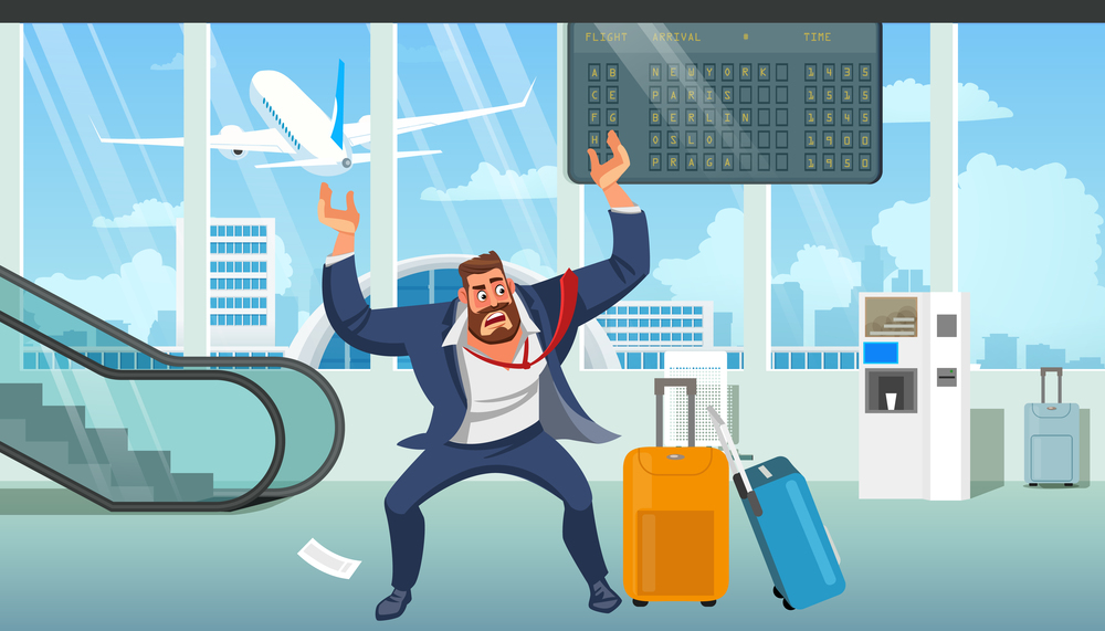 Businessman in Stress, Angry Because of Late on Plane, Missing Baggage After Arrival in Airport Cartoon Vector Illustration. Difficulties in Business Trip, Problems Because Due to Lack of Time Concept