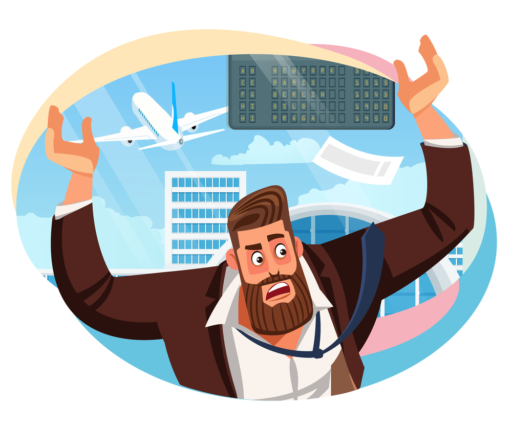 Late on Airline Flight Cartoon Vector Concept with Confused and Angry Businessman Dropping His Plane Ticket Because of Miss His Flight Illustration. Stressful Situation in Airport. Problems in Travel