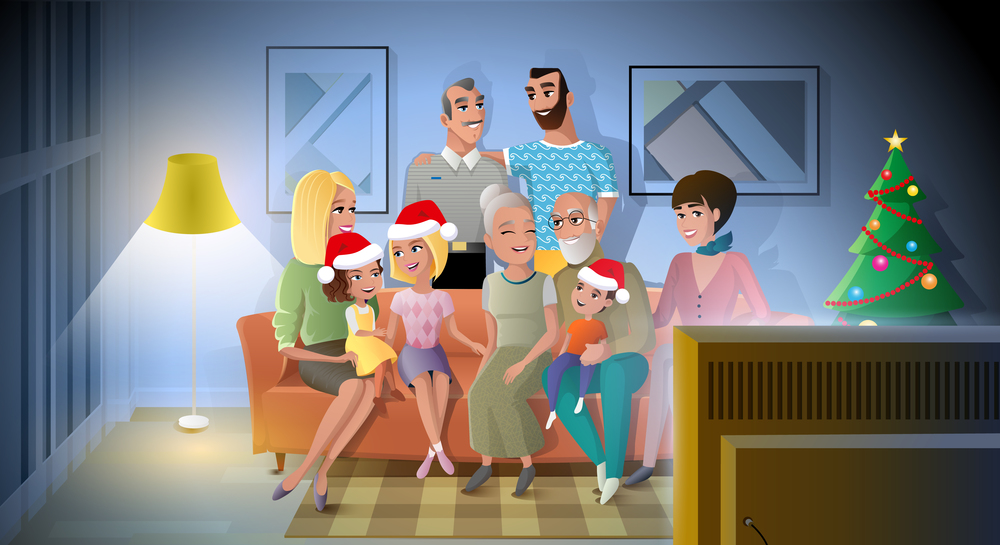 Celebrating Christmas in Family Circle Cartoon Vector Concept. Happy Smiling Relatives, Sitting on Sofa in Living Room near Christmas Tree, Gathering Together in Holiday Evening at Home Illustration