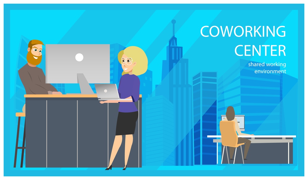 Coworking Reception Man Invite Woman Banner. Openspace Office with Laptop. Cartoon Flat Characters Illustration in Working Places and Lounge Zone. Coworking Reception Man Invite Woman Banner