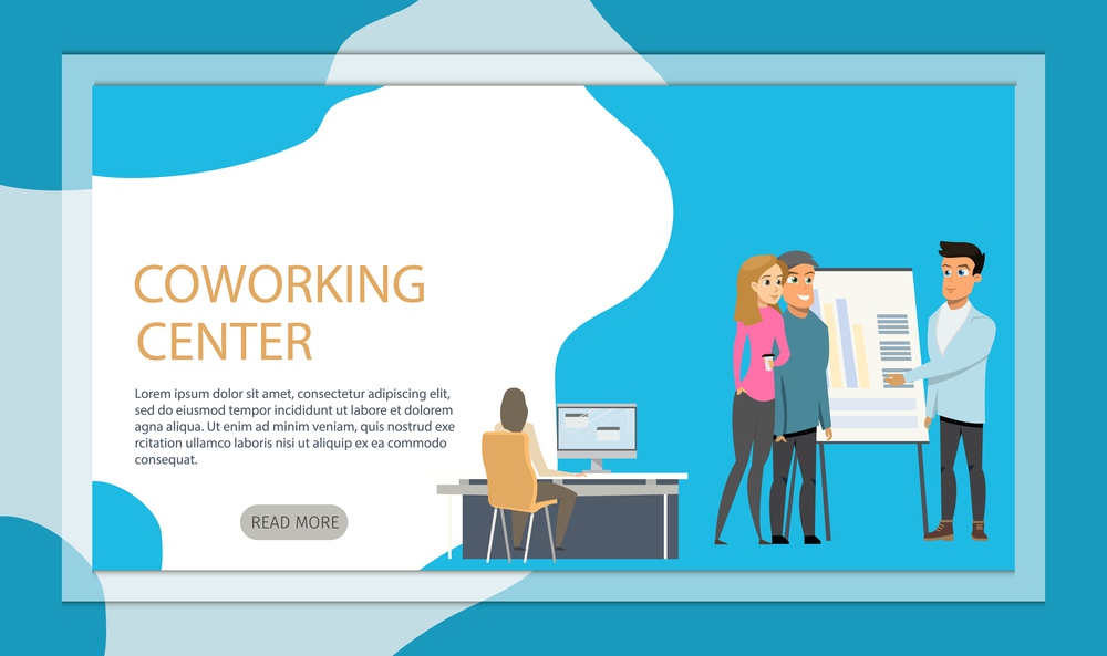 Freelancer at Coworking Business Center Banner. Male Character Standing near Flip Board Making Presentation in Shared Workplace. Woman Working by Computer. Flat Cartoon Vector Illustration. Freelancer at Coworking Business Center Banner