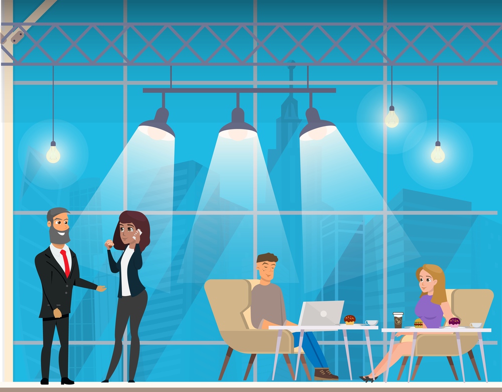 Businesspeople in Modern Coworking Open Space. Shared Creative Workplace. University Campus. Freelance Character Talking and Working at Computer in Open Space. Flat Cartoon Vector Illustration. Businesspeople in Modern Coworking Open Space