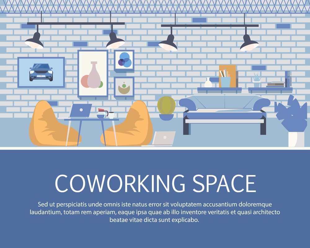 Loft Style Coworking Space Interior Design Banner. Open Modern Cozy Place with Office Furniture for Work and Study. Shared Workplace for Freelance Business. Flat Cartoon Vector Illustration. Loft Style Coworking Space Interior Design Banner
