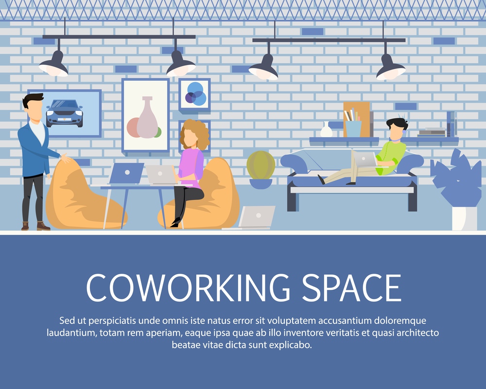 Freelancer Activity in Coworking Space Banner. Character Work, Rest and Study in Modern Open Area. Businesspeople Working by Laptop in Creative Shared Workplace. Flat Cartoon Vector Illustration. Freelancer Activity in Coworking Space Banner
