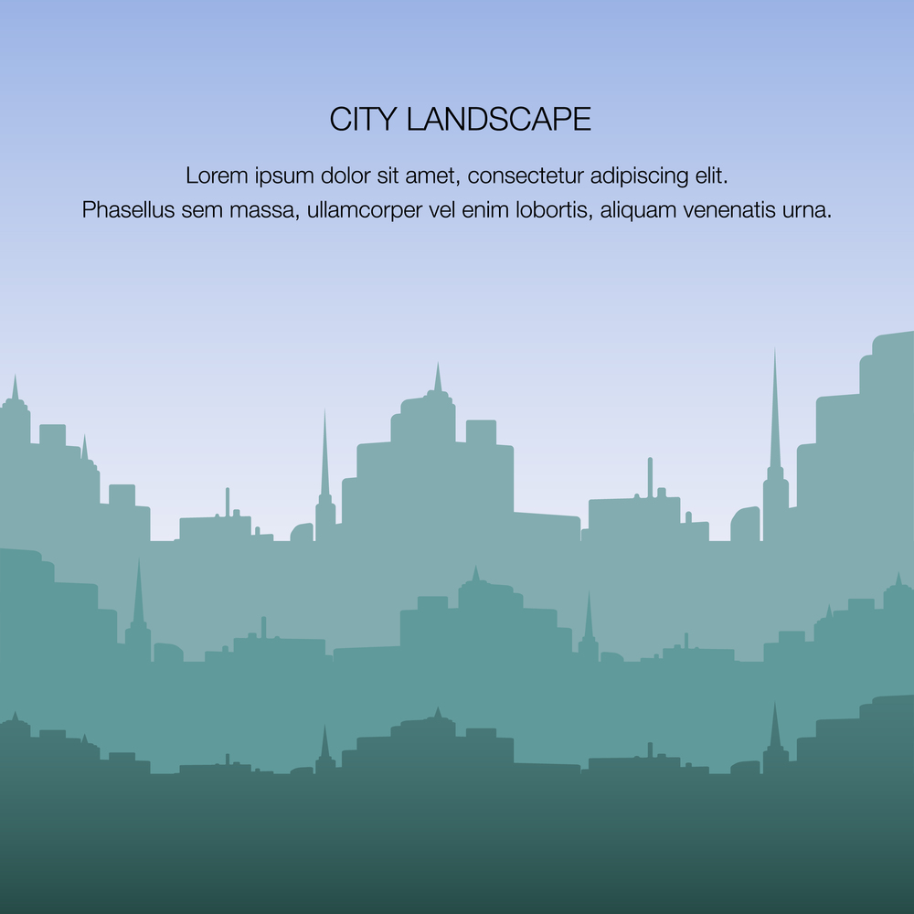 View City Landscape Silhouette Building Metropolis. Banner Panorama Big City Sunrise. Life in Modern Smart Metropolis. Highrise Home Life and Business. Office Building. Dark Outlines City Against Sky