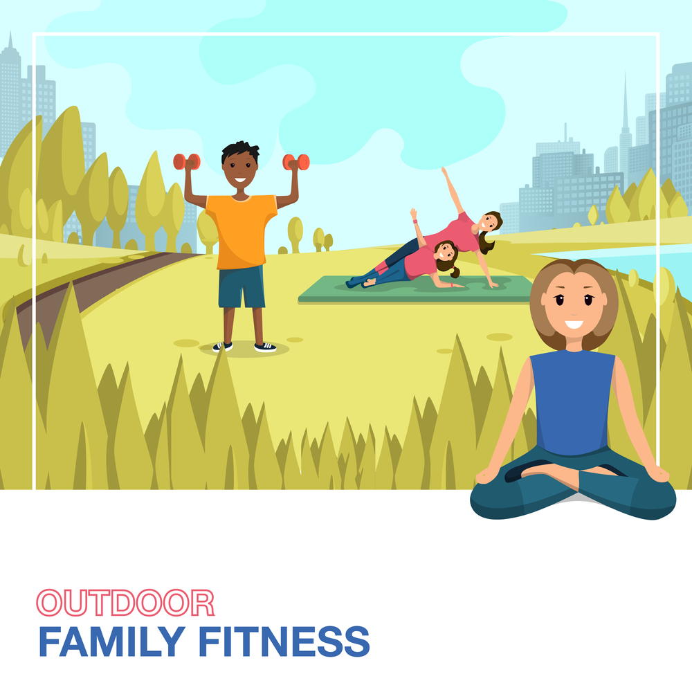 Happy People Doing Fitness Outdoors in City. Outdoor Family Fitness, Urban Landscape. Smiling Women and Children at Fitness Workout Outdoor City Park. Panorama Silhouettes Building Metropolis