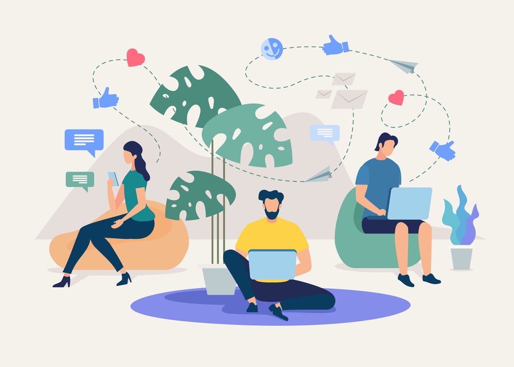 Business Team Online Communication Flat Vector Concept. Woman with Smartphone, Men with Laptop Mailing Online, Messaging in Internet, Chatting with Friends or Colleagues in Social Network Illustration