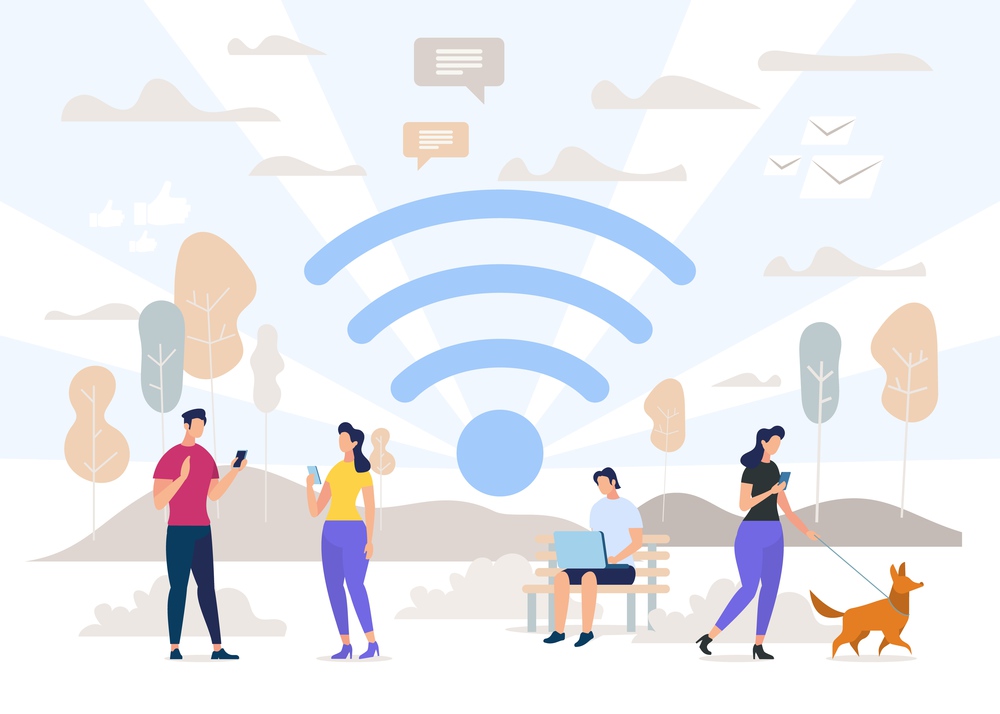 Communicating Through Public Internet Access Point Flat Vector Concept. People Walking with Dog in Park, Working on Laptop Outdoors, Messaging, Reading E-Mails on Smartphone Screen Illustration