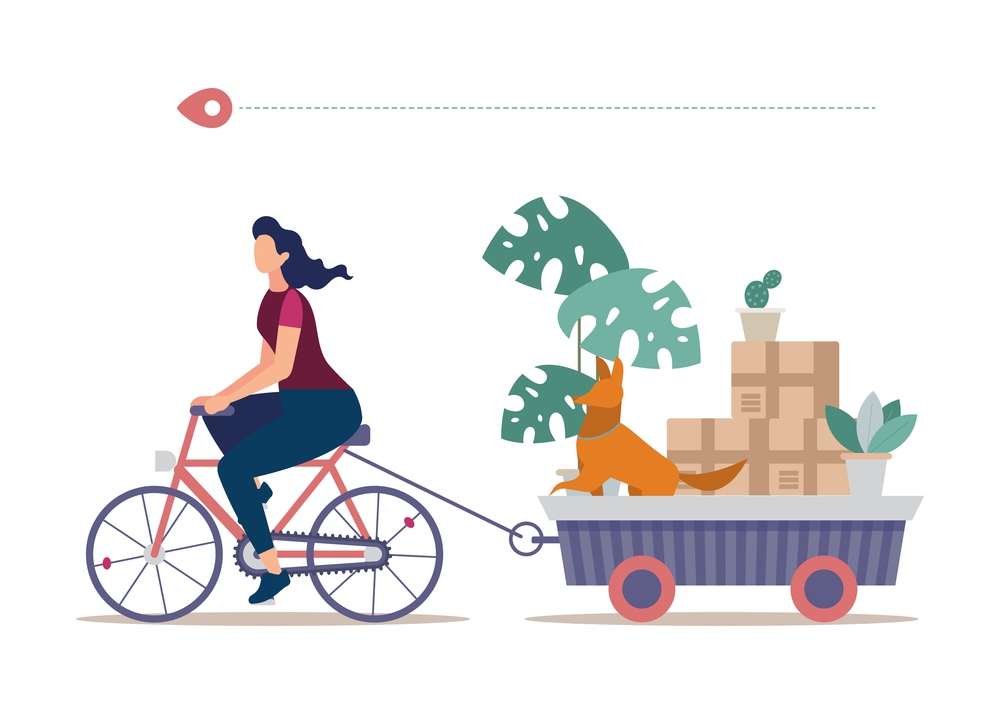 Home Removal by Own Transport Flat Vector Concept. Woman Riding Bicycle, Pulling Trailer Full of Home Stuff and Things Packed in Cardboard Boxes, Flowerpots with Live Plants and Dog Illustration