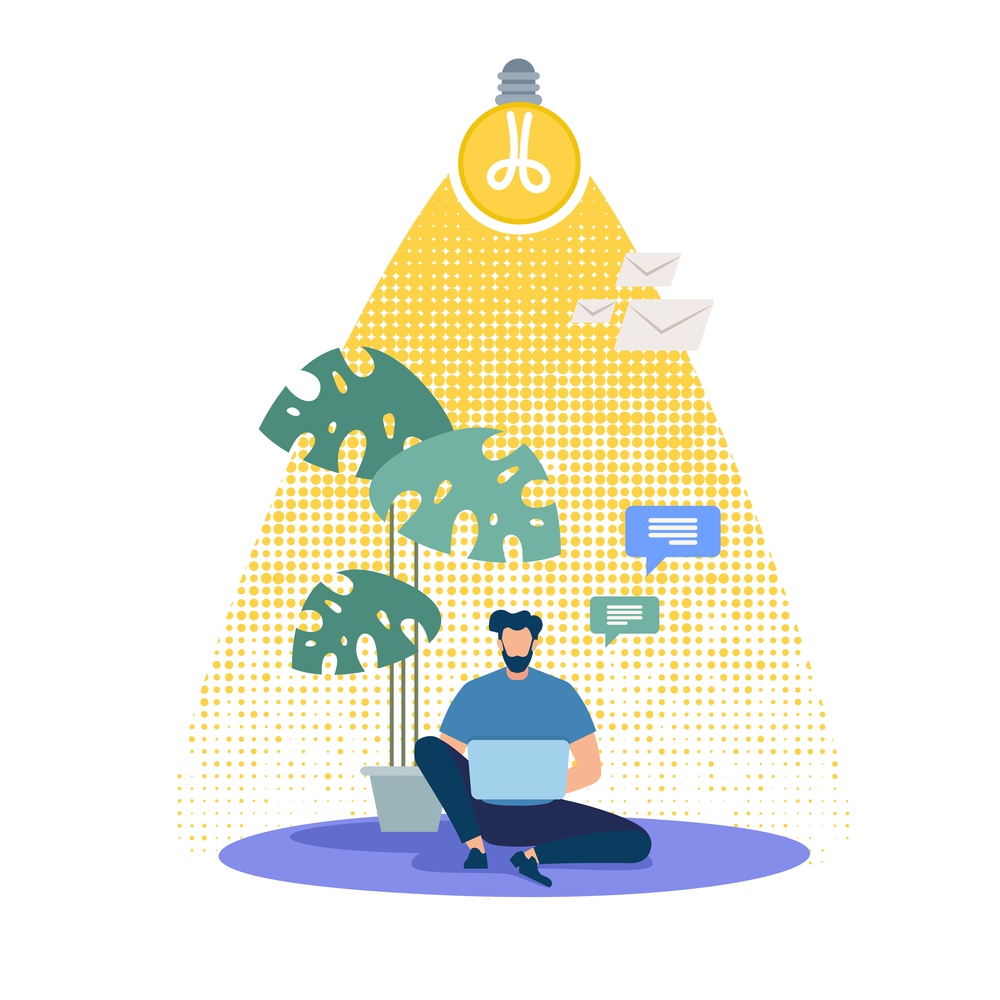 Distant Work and Education Flat Vector Concept. Man Sitting on Floor, Working on Laptop, Messaging Online, Chatting in Social Network, Freelancer Communicating, Sharing Ideas with Client Illustration