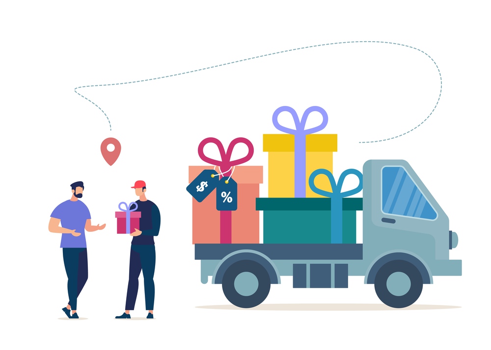 Shopping Goods on Sale, Company Regular Customers Holiday Bonuses Delivery Flat Vector Concept. Courier or Deliveryman Arrived on Truck Full of Gifts, Giving Wrapped Box to Store Client Illustration