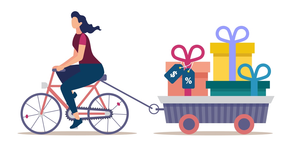 Shop Holiday Sale, and Price Off Campaign Flat Vector Concept. Woman Riding Bicycle, Pulling Trailer Full of Gifts, Wrapped and Packed in Cardboard Boxes Goods with Price Discounts Tags Illustration