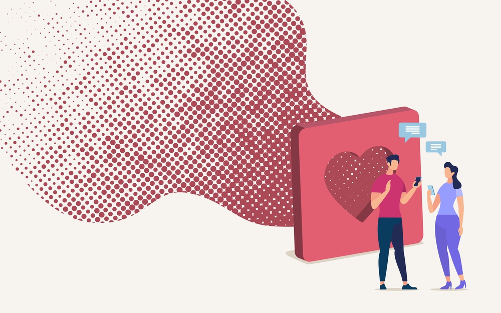 Online Dating with Mobile Phone App Flat Vector Concept. Man and Woman Standing with Cellphones in Hand, Chatting in Messenger, Write and Read Messages on Smartphone, Communicating Online Illustration