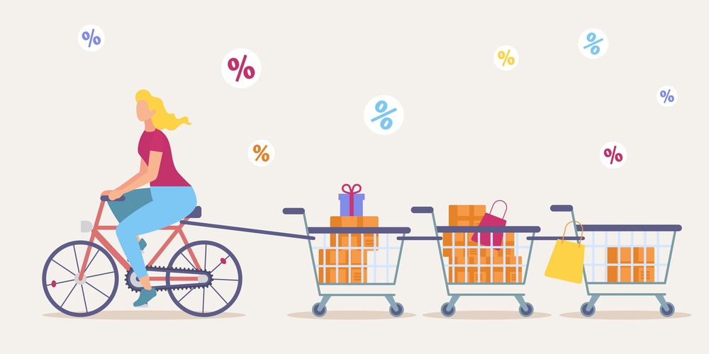 Big Sales in Shop, Seasonal Discounts, Low Price Offer in Supermarket Flat Vector Concept. Woman Riding Bicycle, Pulling Shopping Carts Full of Wrapped Gifts, Goods in Cardboard Boxes Illustration