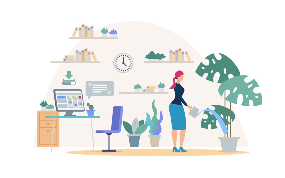 Comfortable Place for Work Flat Vector Concept. Businesswoman, Female Company Employee, Freelancer Watering Flowerpot in Modern Office Room with Computer on Work Desk, Bookshelves on Wall Illustration