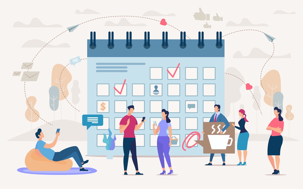 Business Team Time Management Flat Vector Concept. Businesspeople, Company Employees Gathering in Office, Planning Strategy, Adding Important Tasks to Schedule, Set Priorities in Work Illustration