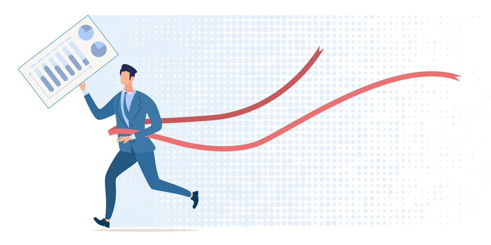 Leadership in Business, Victory in Financial Competition, Success in Company Development Flat Vector Concept. Businessman with Profit Growth Infographics in Hand, Crossing Red Finish Line Illustration