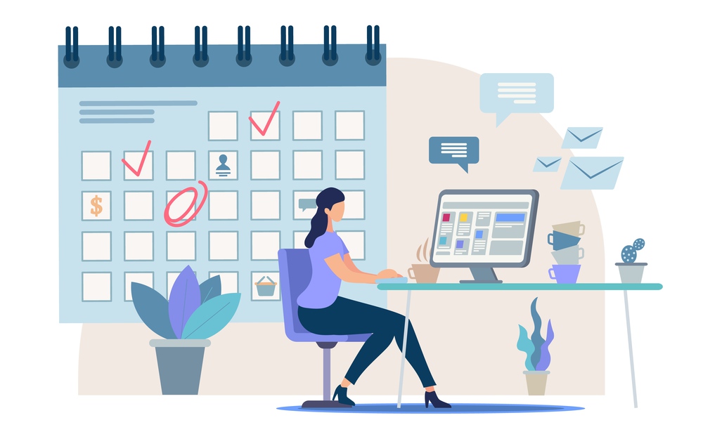 Planning Business Activity, Time Management Flat Vector Concept Businesswoman, Female Office Worker, Company Employee Sitting at Work Desk, Making Tasks and Meetings Reminders in Calendar Illustration