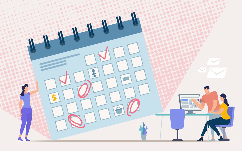 Time Management for Business Team, Organizing Meetings Calendar Flat Vector Concept. Company Employee Planing Work Schedule, Adding Task to Checklist, Defining Project Deadline Terms Illustration