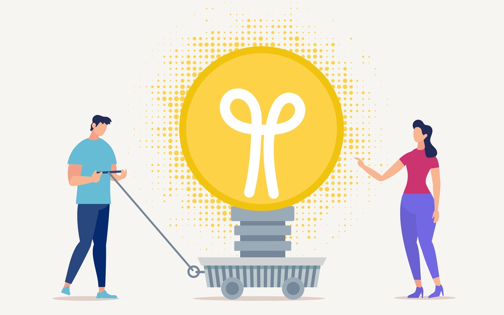 Informative Poster Shipping Ideas Cartoon Flat. Conceptual Idea Intellectual Equality Man and Woman. Guy Brought Cart with Burning Light Bulb, Girl is Considering Light Bulb. Vector Illustration.