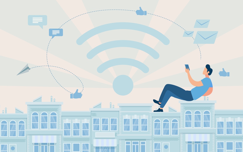 Advertising Poster Access to Global Network Flat. Banner Conceptual Idea Accessible Internet in Modern City. Guy Sits on Roof City and Uses Smartphone over Internet. Vector Illustration.