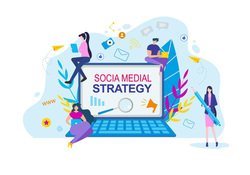 Social Media Strategy. Cartoon People with Notebook Vector Illustration. Diagram Graph Growth on Screen. Man Woman Analysis Sucess Result. Internet Promotion, Share Post, Advertising Marketing SEO. Social Media Strategy Cartoon People with Notebook