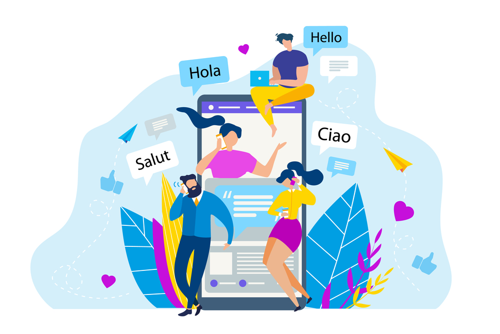 Cartoon People Call Mobile Phone. Foreign Greeting Vector Illustration. Salut Ciao Hola Hello Phrase. International Conversation, Language Learning, Global Communication. Friend Talk Smartphone. Cartoon People Call Mobile Phone Foreign Greeting