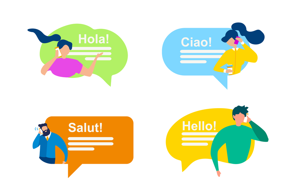 Cartoon Man and Woman with Bubble Speech. International Greeting Vector Illustration. Foreign People Communication. Phrase Hello Hola Salut Ciao. Mobile Phone Messenger Interface. Online Message. People Bubble Speech International Greeting Phrase