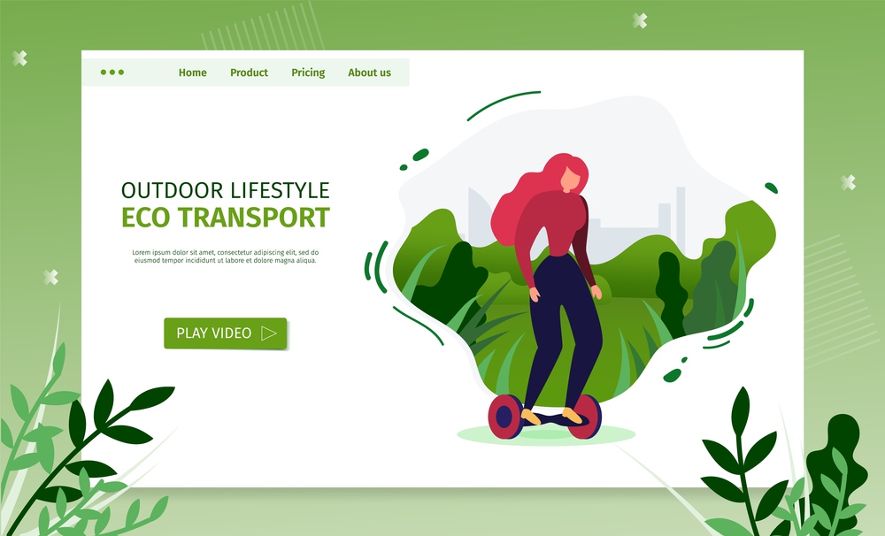 Outdoor Lifestyle Landing Page and Eco Transport Promotion. Cartoon Flat Young Woman Character Using Gyroscooter for Transportation in City or Park. Vector Healthy Way Illustration with Foliage Design. Outdoor Lifestyle Landing Page and Eco Transport