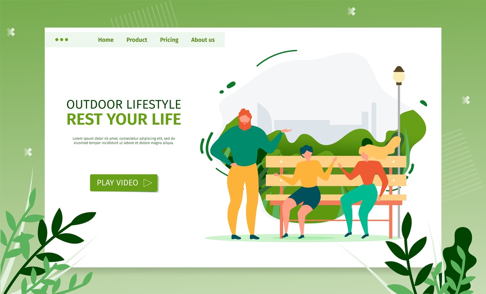 Outdoor Activities Landing Page. Banner Flat Template with Chatting People. Cartoon Women Sitting on Bench in Park. Man Standing and Talking to Interlocutor. Vector Meeting and Rest Illustration. Outdoor Activities and Communication Landing Page
