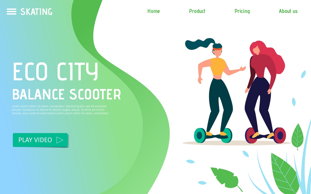Eco Transport for City Transportation and Recreation Promoting Landing Page. Two Women Cartoon Going on Self Balancing Scooters. Banner with Place for and Foliage Design. Text Flat Vector Illustration. Eco Transport for City Move Promoting Landing Page