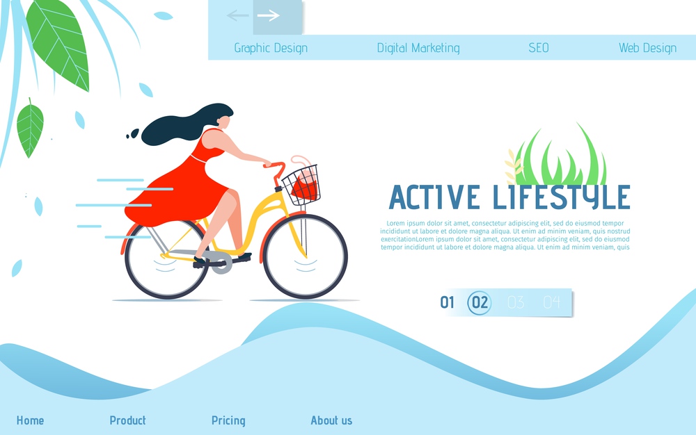 Active Lifestyle. Landing Page Advertising Cycling. Eco Transport and Transportation. Healthy Lifestyle. Vector Woman Character Rides Bicycle Illustration. Flat Banner Template with Responsible Design. Landing Page Advertising Cycling and Eco Transport