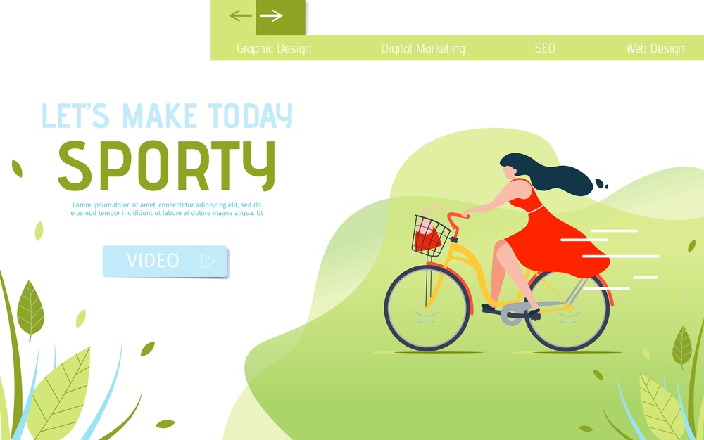 Lets Make Today Sporty Lettering Landing Page. Cartoon Woman Character Cycling in Park. Healthy Lifestyle. Womens Fitness. Vector Sport Cardio Workout or Active Recreation Flat Illustration. Lets Make Today Sporty Lettering Landing Page