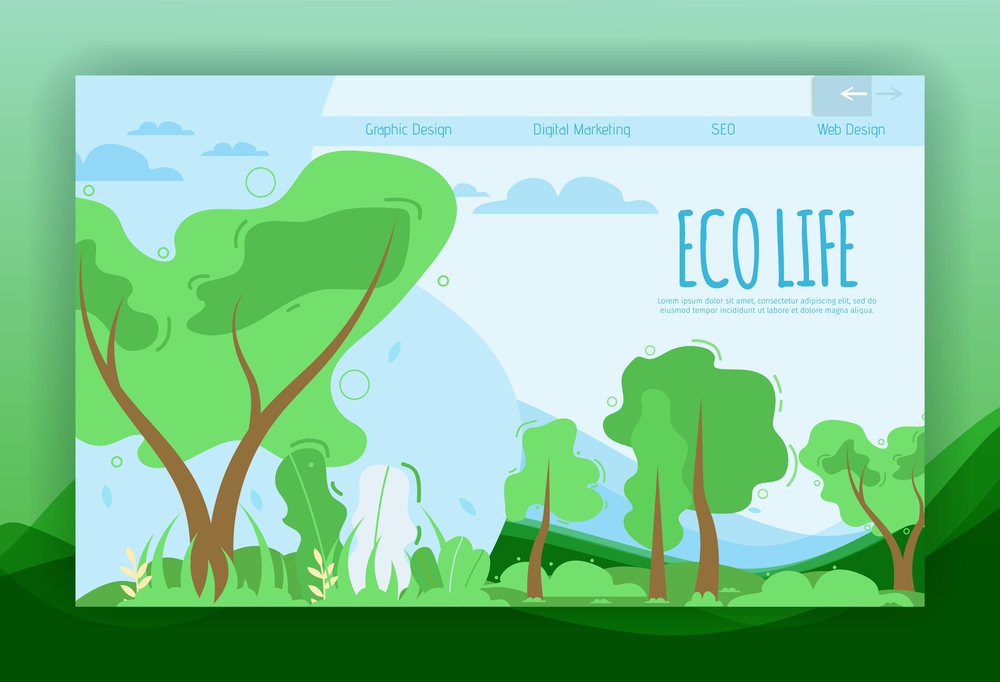 Eco Life Lettering Flat Banner Template for Landing Page. Natural Panoramic Scene Graphic Design. Vector Forest or Park with Trees and Bushes Illustration. Webpage for Digital Marketing and Seo. Eco Life Lettering Flat Banner for Landing Page