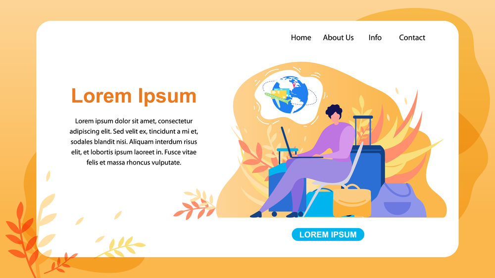 Booking Airline Tickets Online Service Flat Vector Horizontal Web Banner, Landing Page Template. Traveling with Baggage Woman Using Laptop, Searching Flights in Internet, Planning Journey Illustration