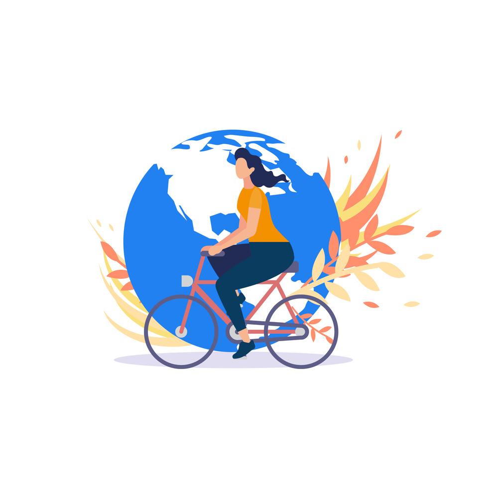 Tourism Traveling around The World on Bicycle, Ecological Transport international Movement Flat Vector Concept. Woman Riding Bike near Planet Earth Globe Illustration Isolated on White Background
