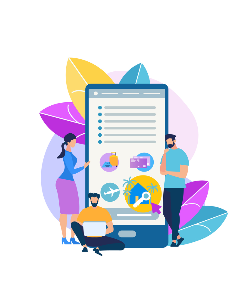 Phone App for Travelers Flat Vector Concept with People Booking Airline Tickets, Reserving Hotel Room, Planning Business Trip or Vacation Travel with Online Service or Mobile Application Illustration