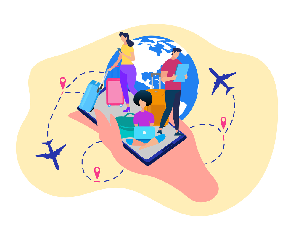 Mobile Application for Travelers Flat Vector Concept Isolated on White Background. Tourists Female, Male Characters with Digital Gadgets Booking Airline Tickets, Planning Journey Route Illustration