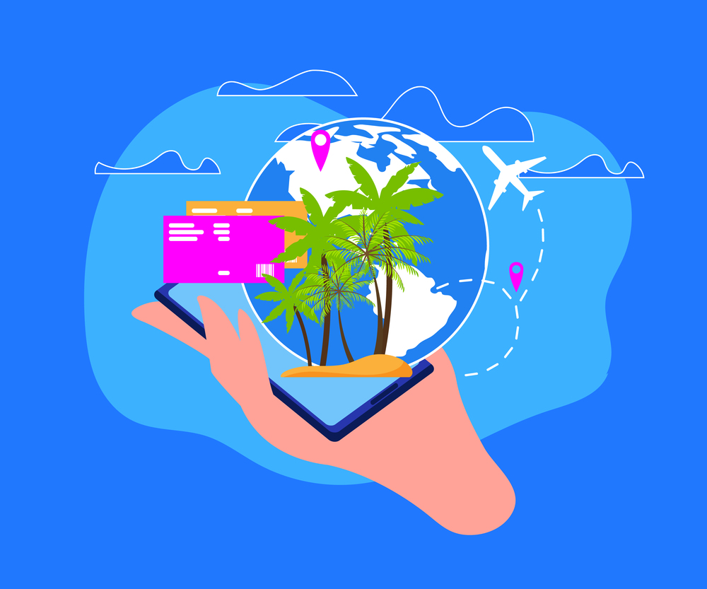 Summer Vacation Travel Flat Vector Concept. Journey Destination Pin on World Globe, Airliner Flying in Sky, Flight Tickets on Smartphone Screen Illustration. Mobile Application for Travelers Banner