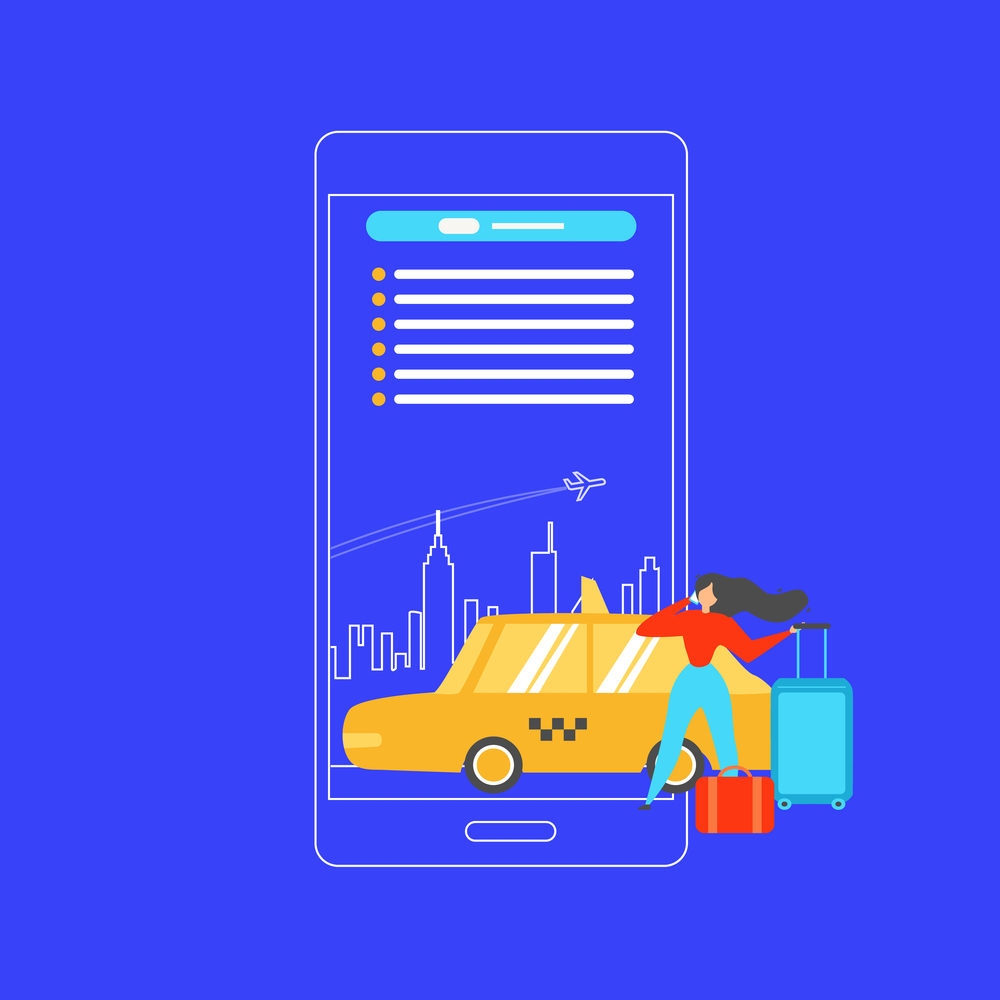 Booking Taxi, Airline Tickets Online with Mobile Application Flat Vector Concept. Traveling with Baggage Woman, Arriving to Airport Female Tourist Calling Taxi Illustration. Airport Transfer Service