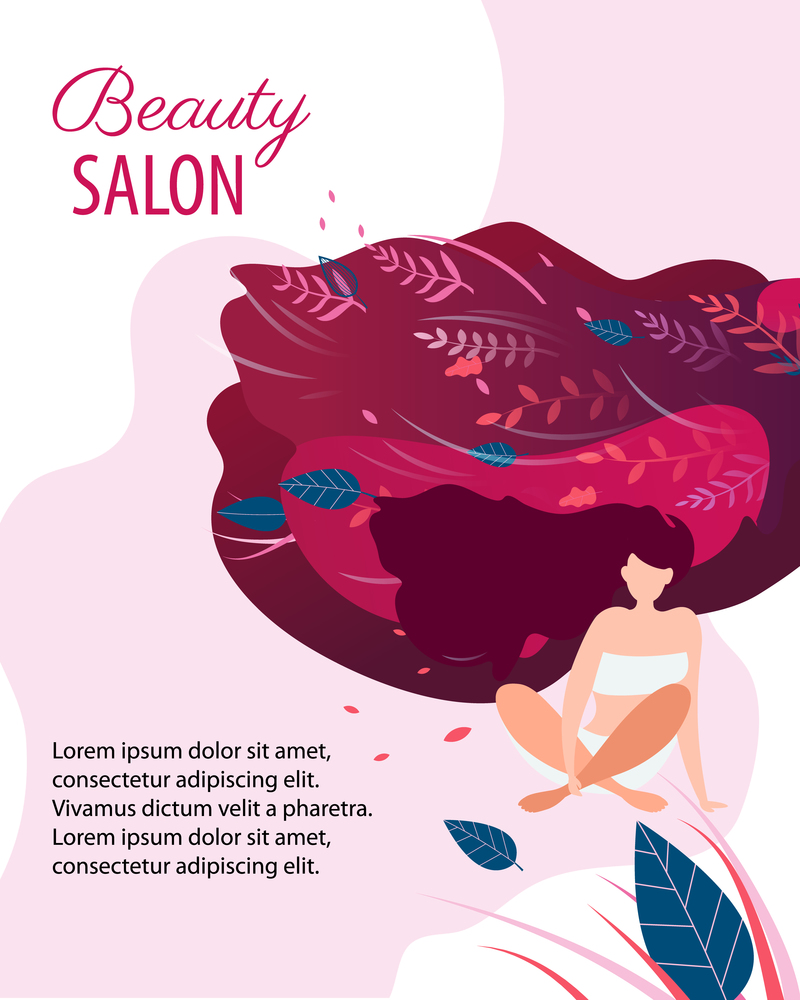 Beauty Salon, Spa, Wellness and Body Care Concept Flat Cartoon Vector Illustration. Woman with Beautiful Hair Sitting wirh Natural Elements on Background. Advertisement for Ladies.