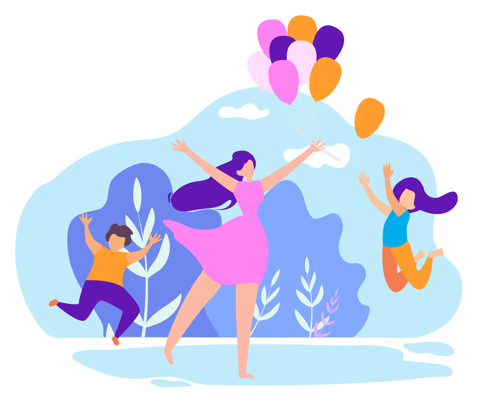 Mother Giving Children Inflatable Balloons Cartoon Flat Vector Illustration. Celebrating Holiday or Birthday in Park. Woman Holding Festive Decorations. Kids Jumping to Catch Balloon.