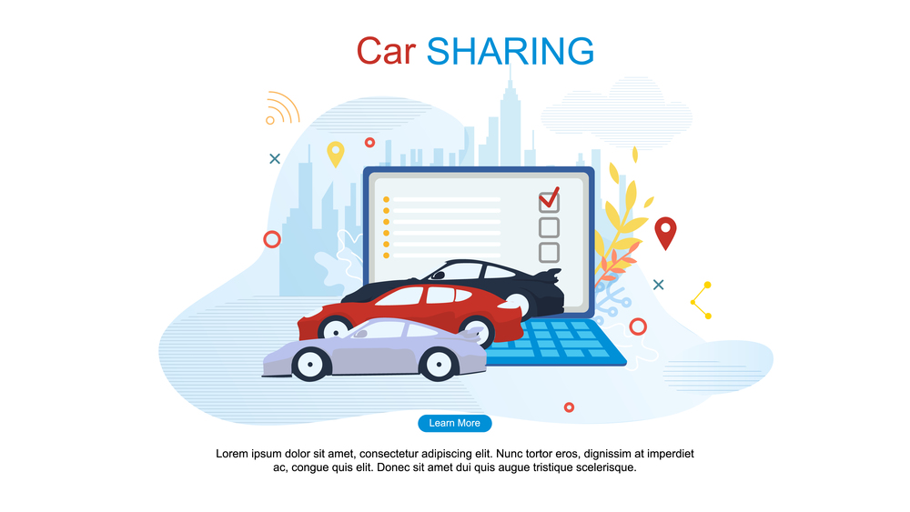 Car Sharing Flat Cartoon Banner Vector Illustration. Choosing Car for Rent or Buying. Computer Service, Website with Different Vehicles. Order Suitable Transport. Aotopool in Front Laptop.